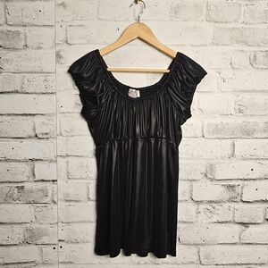 Costa Blanca Women's Black Shiny Puff Sleeve Babydoll Top